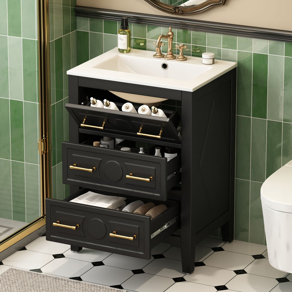 Bathroom Vanity with Sink and 3 Drawer Storage Cabinet - White or Black