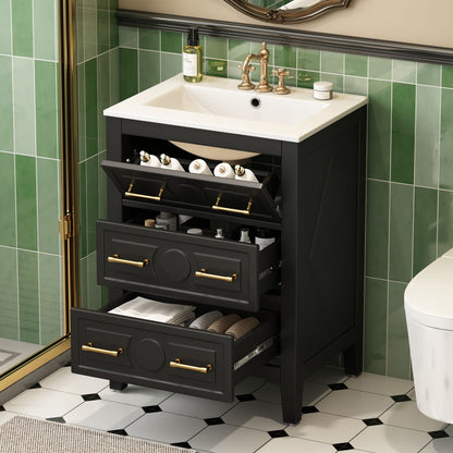 Bathroom Vanity with Sink and 3 Drawer Storage Cabinet - White or Black