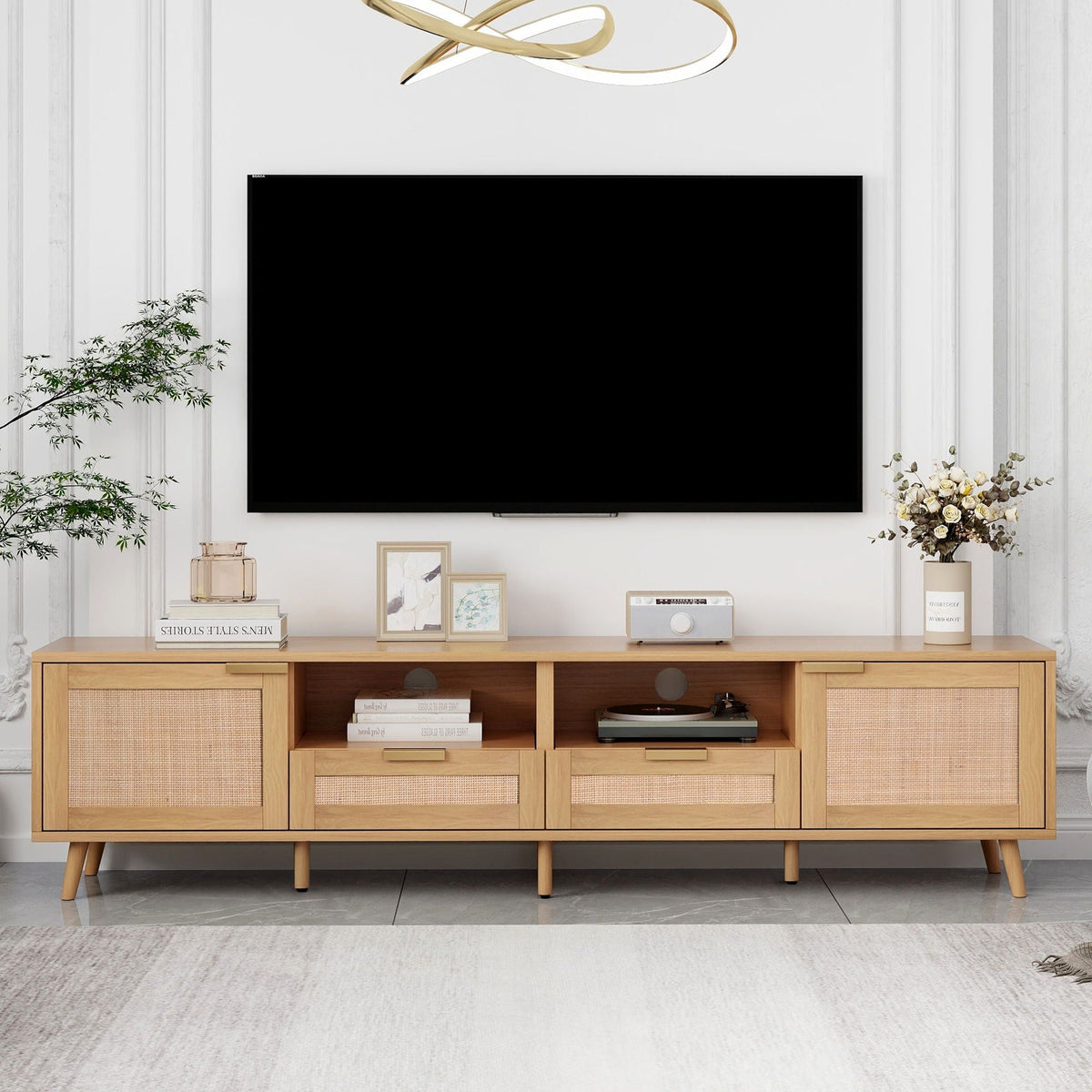 TV Stand Media Console with Cable Management - Light Brown or Black