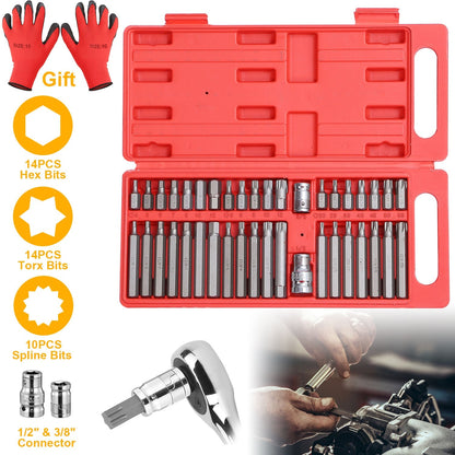 40Pcs Socket Bit Set Hex Torx Spine CRV Combination Bits w/ 3/8"1/2" Drive Free Gloves Case