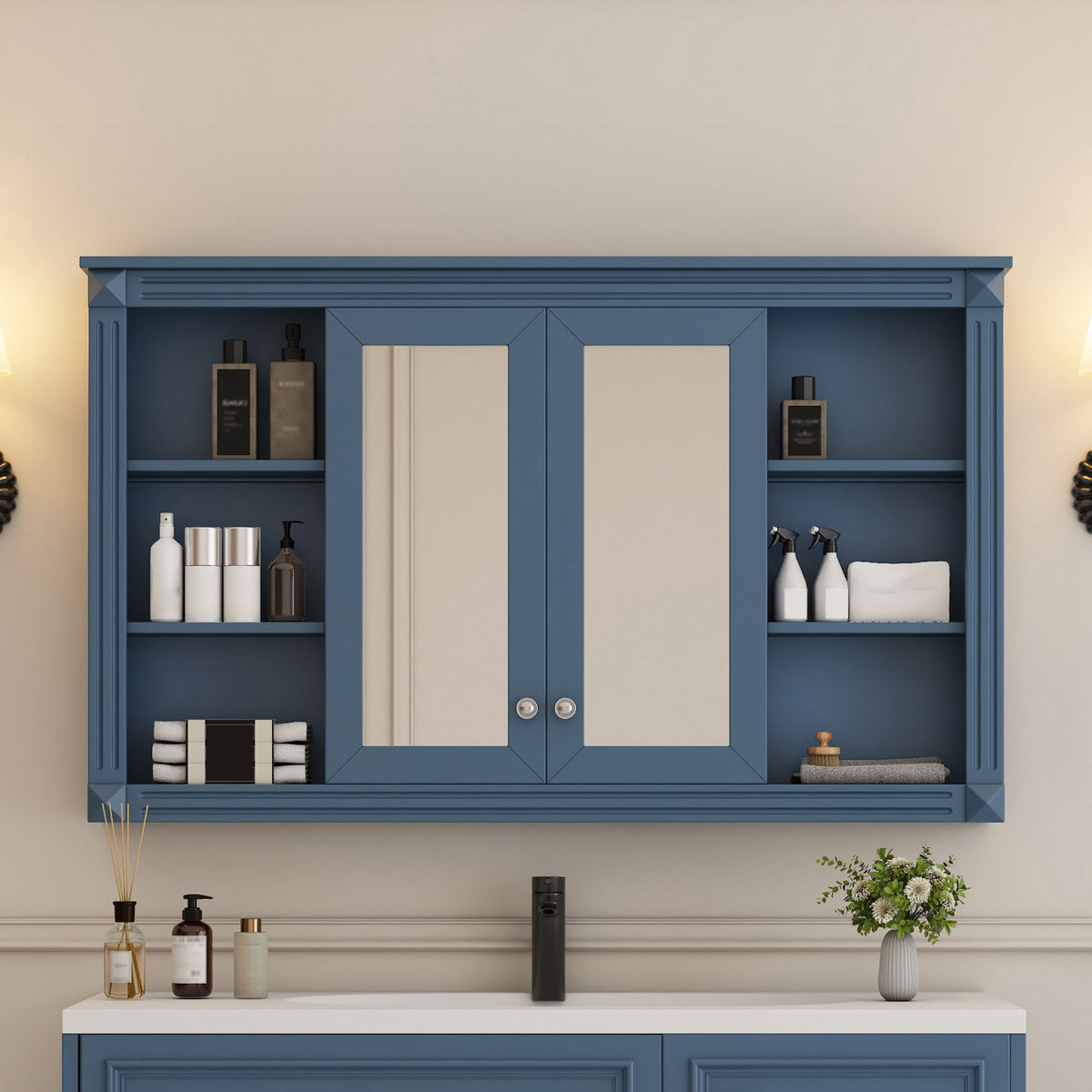 Wall-Mounted Mirror Cabinet with Adjustable Shelf and Open Shelves - White or Blue