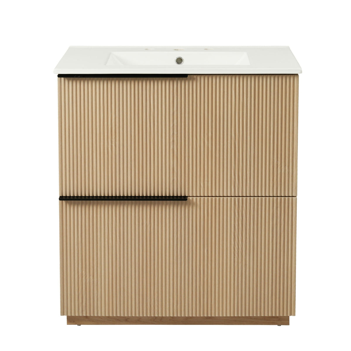 Fluted Bathroom Vanity with Ceramic Sink and Soft-Close Drawers - Light Brown, White, or Dark Green