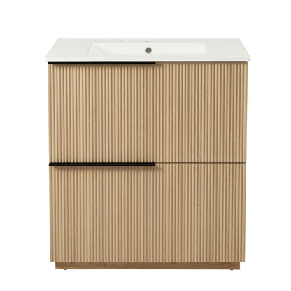 Fluted Bathroom Vanity with Ceramic Sink and Soft-Close Drawers - Light Brown, White, or Dark Green
