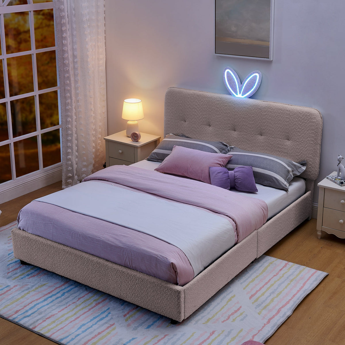 Queen Size Kids Upholstered Bed with Rabbit Ear Headboard & Storage - Boucle
