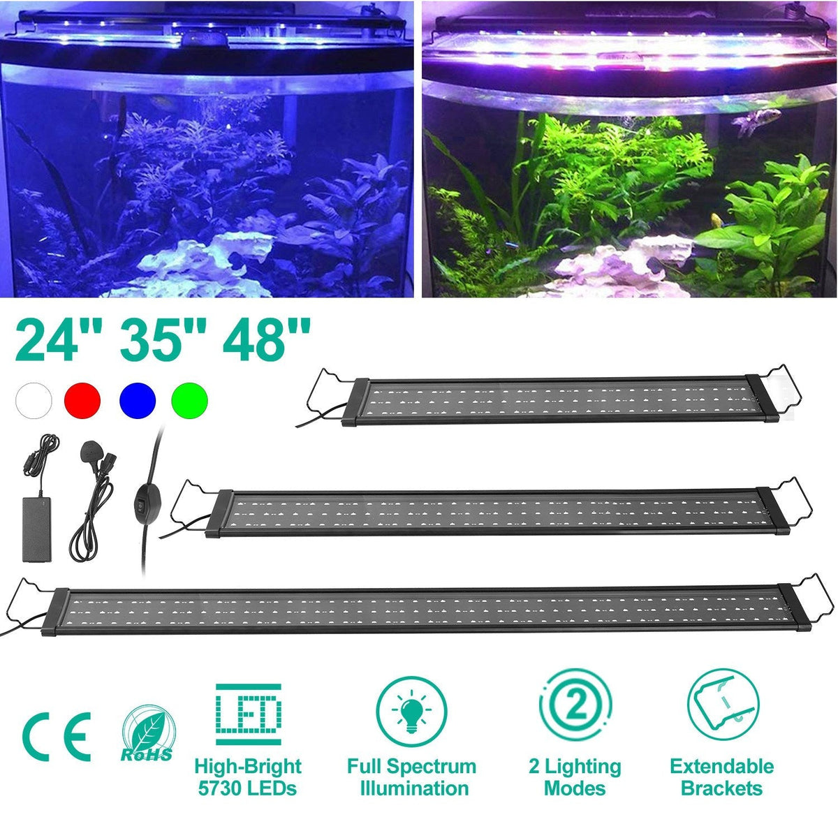 LED Aquarium Light Multi-Color Full Spectrum Freshwater Fish Tank Light w/ Extendable Brackets