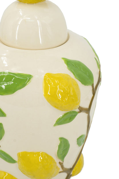 White Ceramic Lidded Jar with Playful Lemon Design - 15" Tall