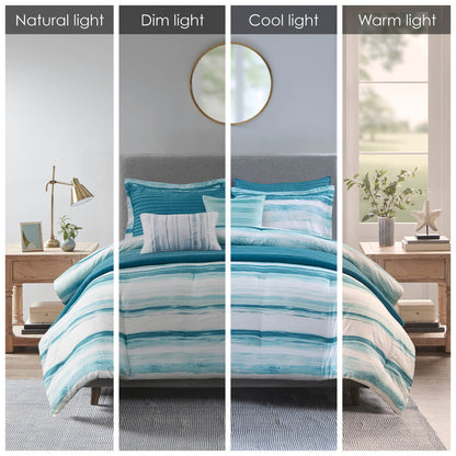 8 Piece Seersucker Comforter and Quilt Set with Hypoallergenic Fill – Aqua King/Cal King