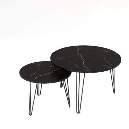 Rustic Round Nesting Coffee Table Set of 2 with Metal Frame - White, Black, Light Brown