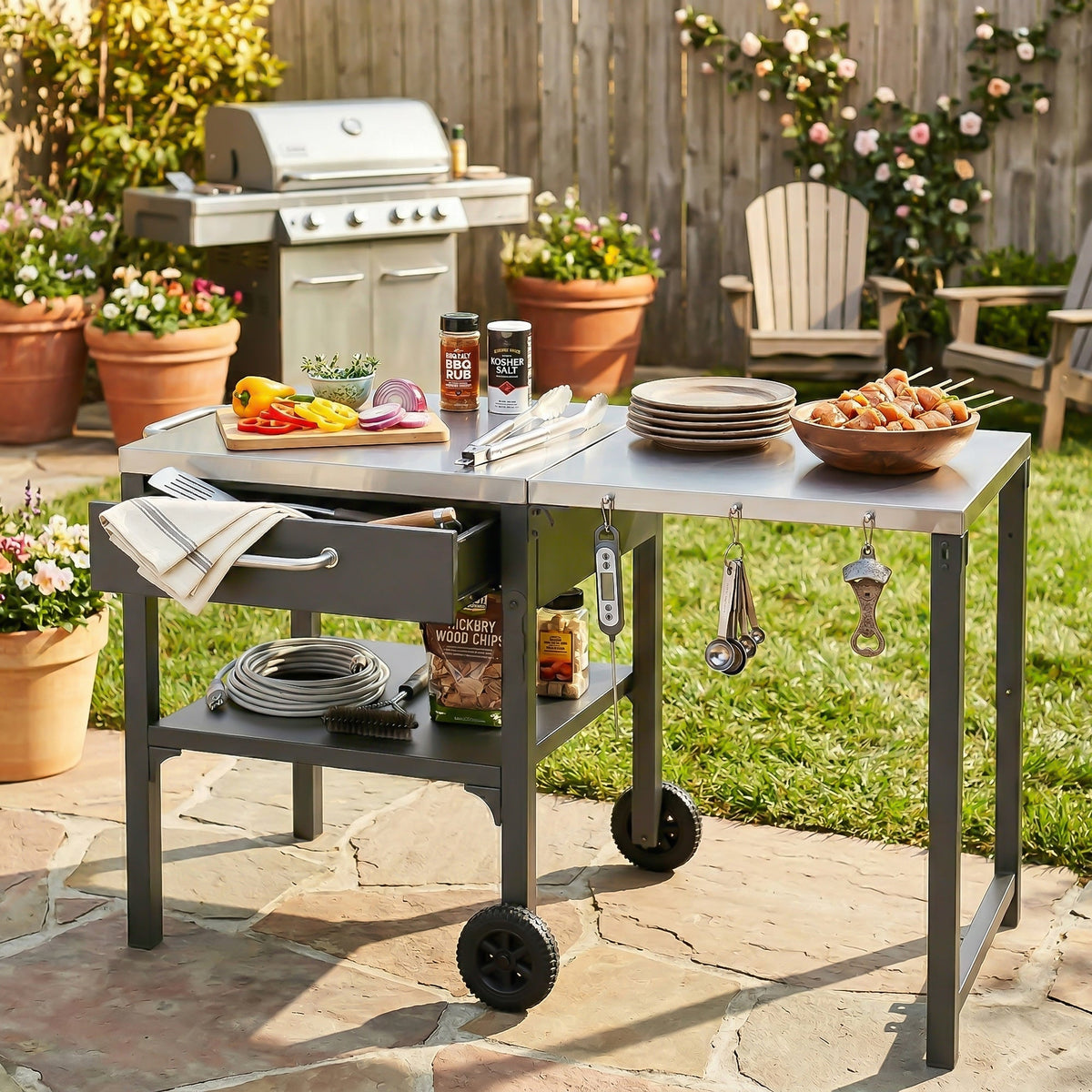 Outdoor Kitchen Cart Foldable Prep Station with Storage - Gray