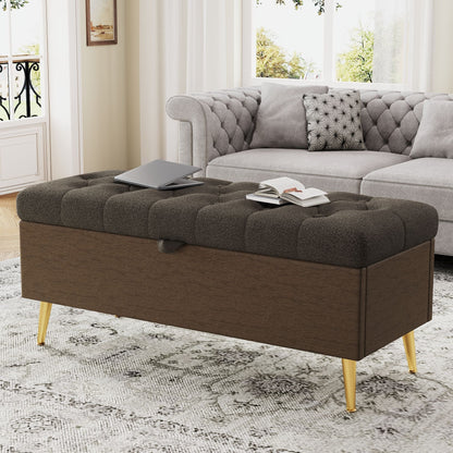 Modern Tufted Storage Ottoman Bench with Metal Legs - Bouclé Fabric