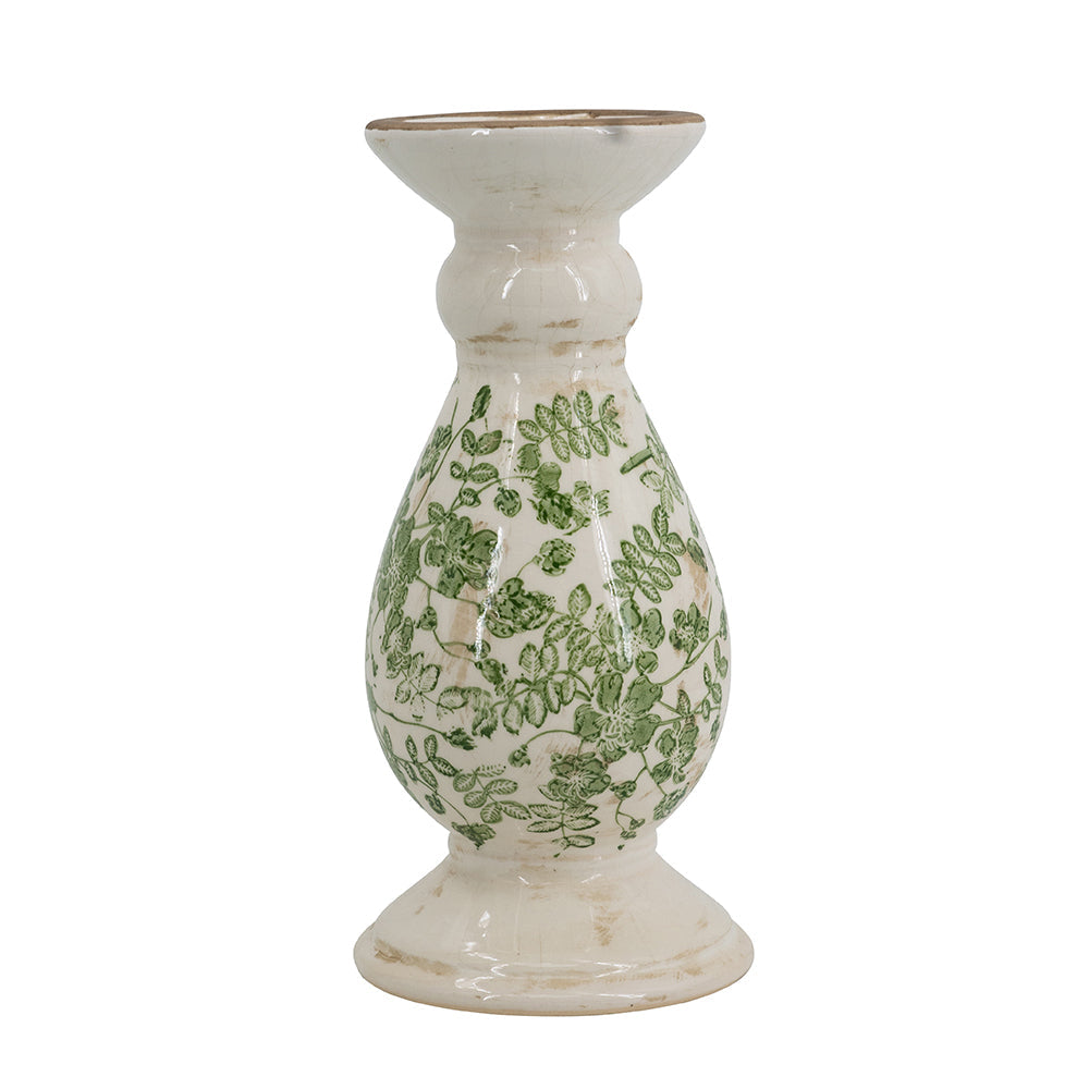 White Ceramic Candle Holder with Green Floral Patterns - 10" Height
