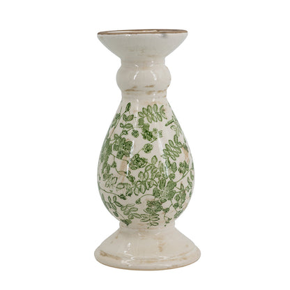 White Ceramic Candle Holder with Green Floral Patterns - 10" Height