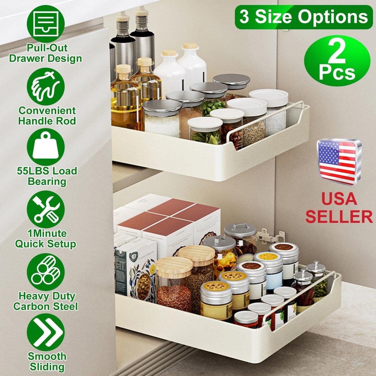 2Pcs Pull Out Cabinet Organizers Sliding Shelf Spice Rack Carbon Steel Roll Out Drawers Fixed with Adhesive Nano Film with Handle 55LBS Max Load