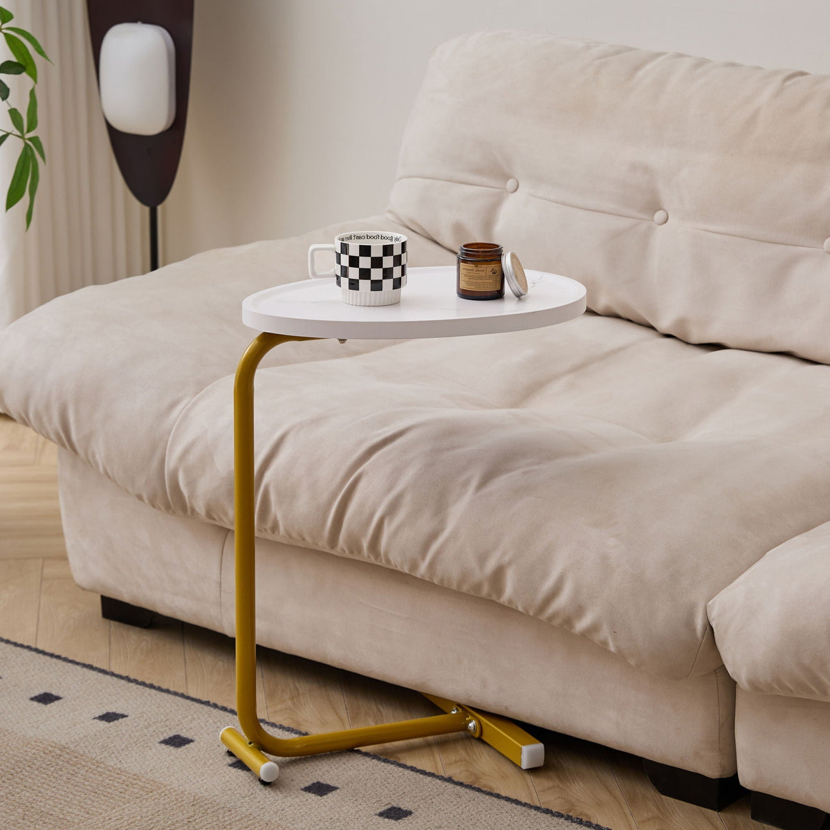 C-Shaped Side Table with Durable Metal & Wood - Dark Brown or White