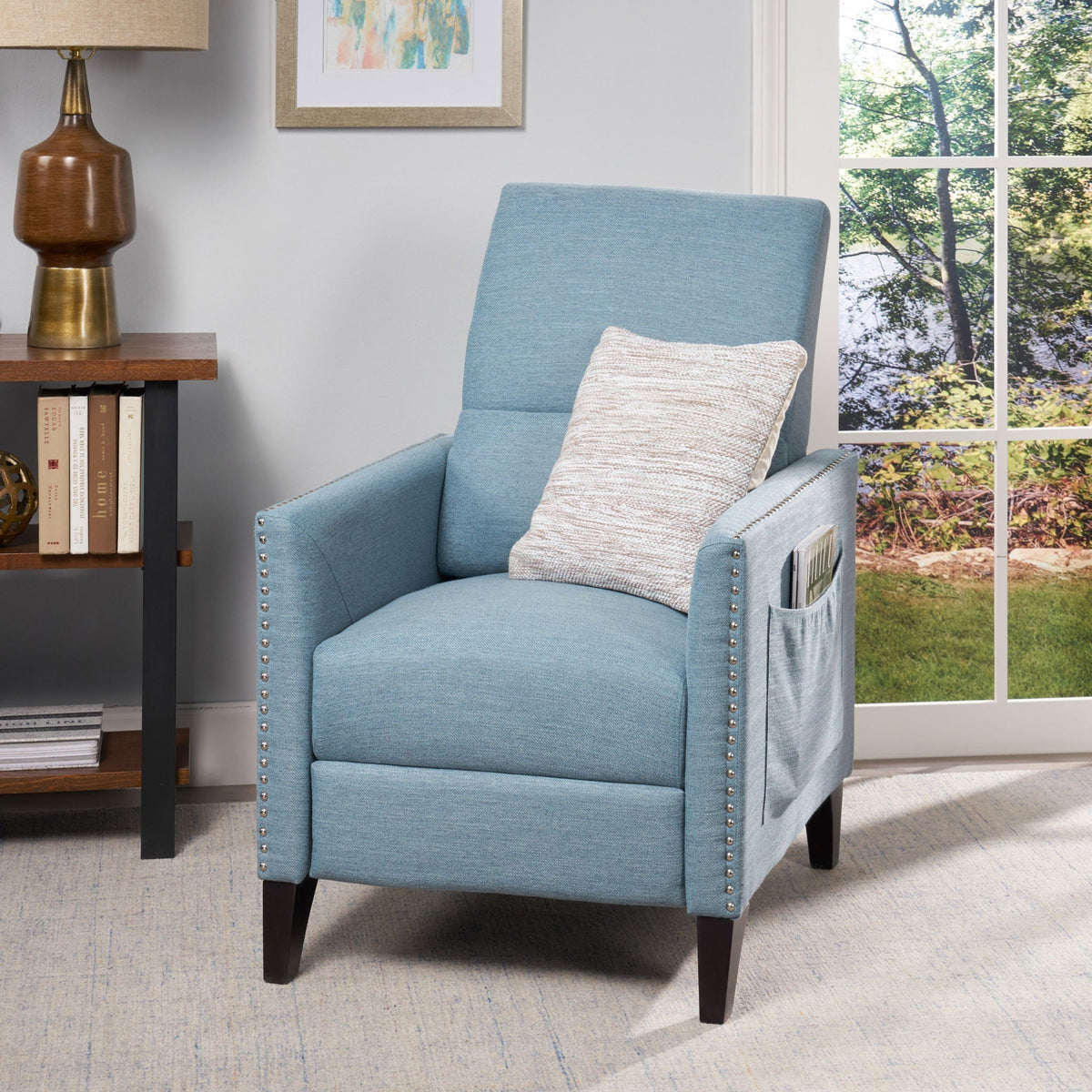 Repose Upholstered Recliner Chair with Nailhead Trim - Light Blue
