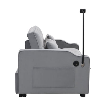 Modern Velvet Sleeper Loveseat with Pullout Bed and USB Ports - Light Gray