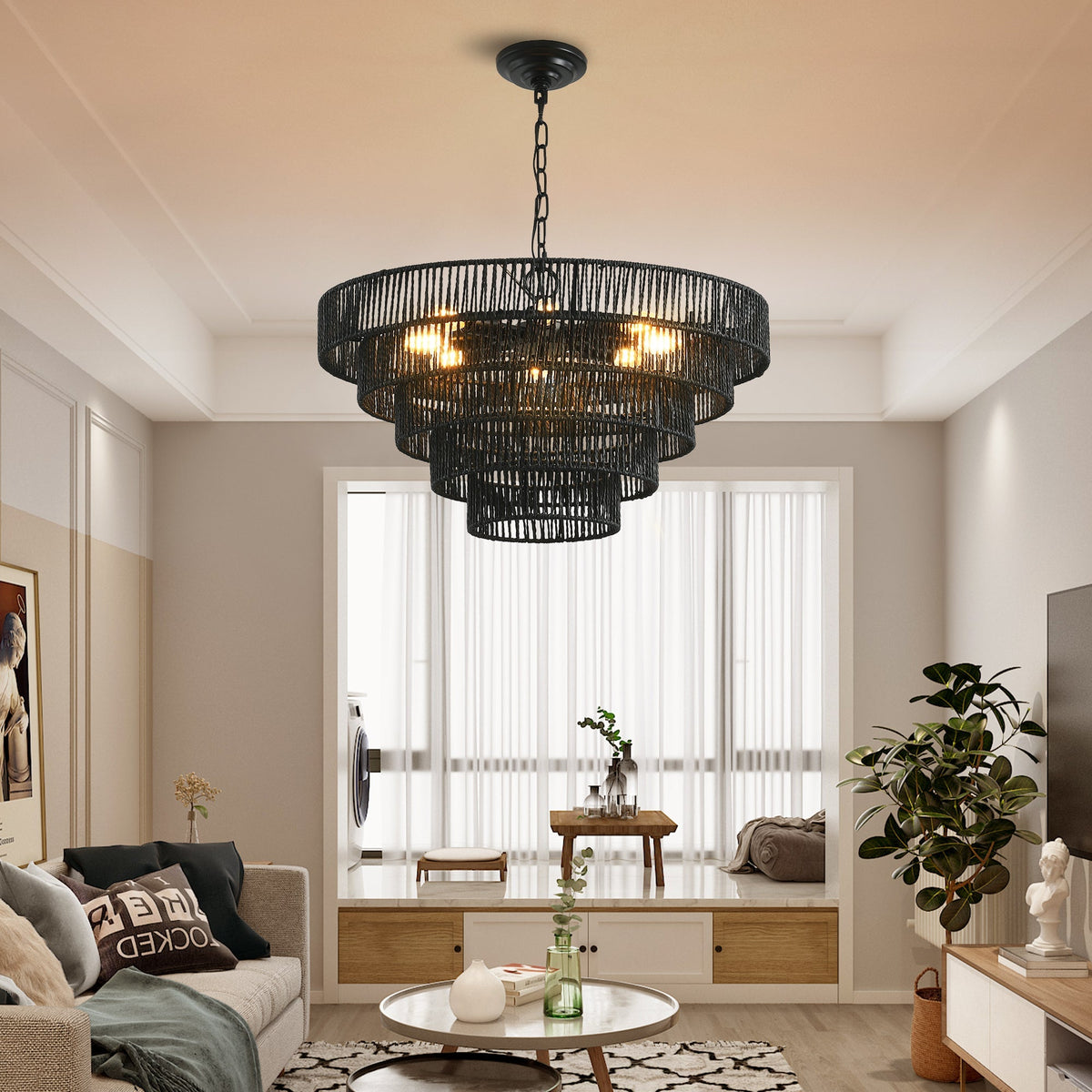 24" Rustic 5-Tier Pendant Light Chandelier with 8 E12 Sockets - Black