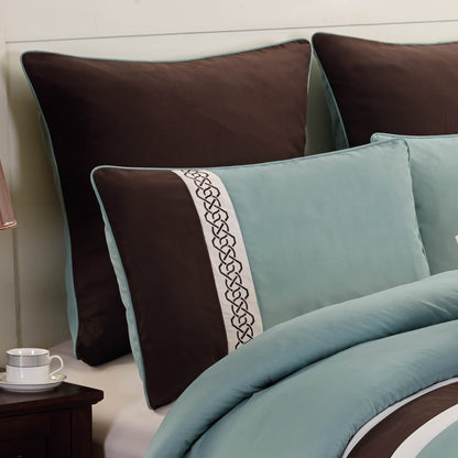 Teal & Brown Geometric Embroidered Comforter Set with 8 Pieces
