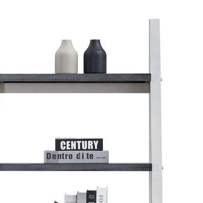 5-Tier Ladder Shelf with Rubber Wood Frame - Grey & White
