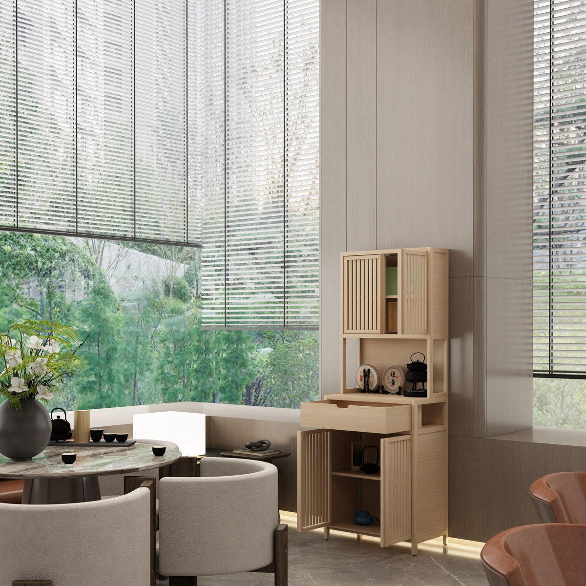 Rustic Cottage Style Double Door Bamboo Linen Cabinet with Ample Storage - Light Brown