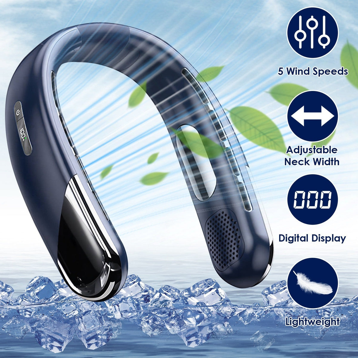 Portable Neck Cooling Fan With Type-C Charging Battery Hands-Free Bladeless Personal Fan 5 Speeds Digital Display Adjustable Neck Width for Man Woman