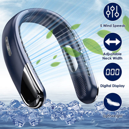 Portable Neck Cooling Fan With Type-C Charging Battery Hands-Free Bladeless Personal Fan 5 Speeds Digital Display Adjustable Neck Width for Man Woman
