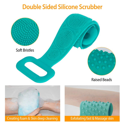 Silicone Back Scrubber Belt For Shower Exfoliating Foaming Body Wash Strap Brush Bristles Massage Dots W/ Adhesive Hook