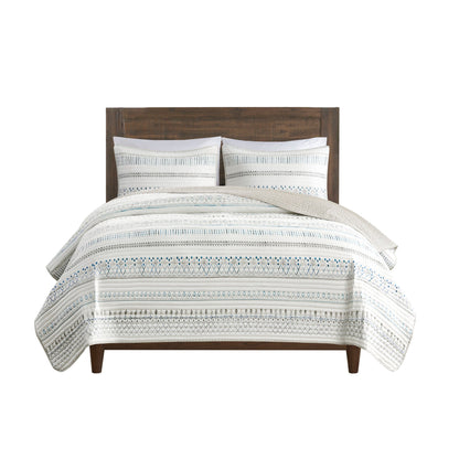 Printed Microfiber Seersucker Quilt Set with Reversible Design - Taupe/Blue