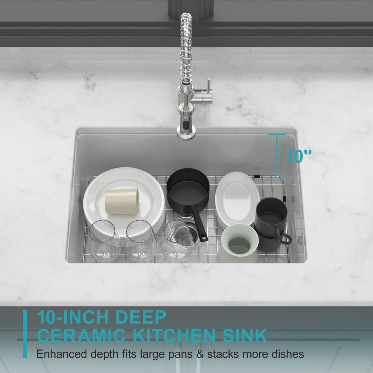 Rectangular Deep Single Bowl Kitchen Sink with Dual Mount Installation - White