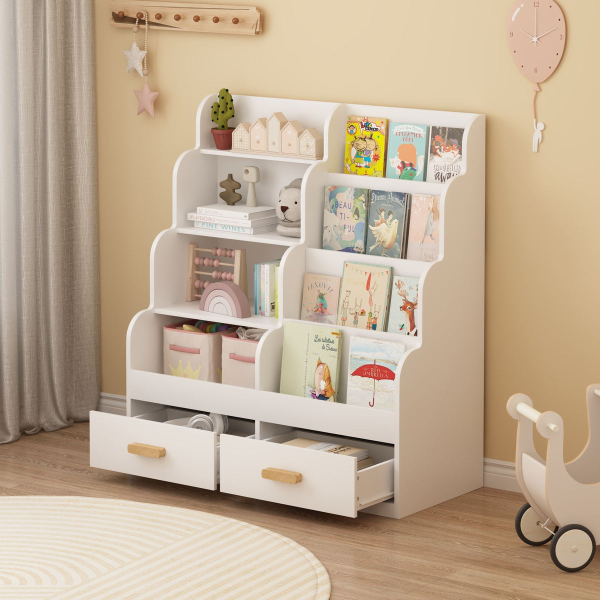 Bookshelf with 2 Storage Drawers, Front Facing Bookcase and Toy Organizer - White