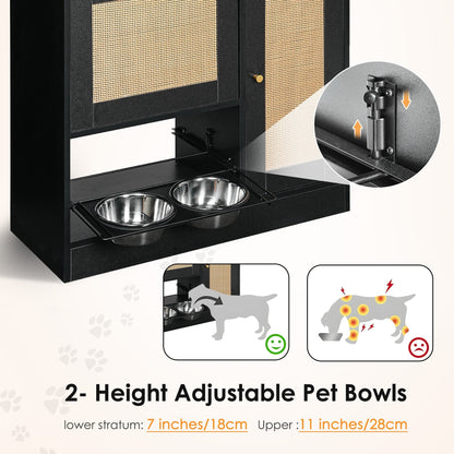 Feeding Station with 2 Lockers and Elevated Bowls - Black