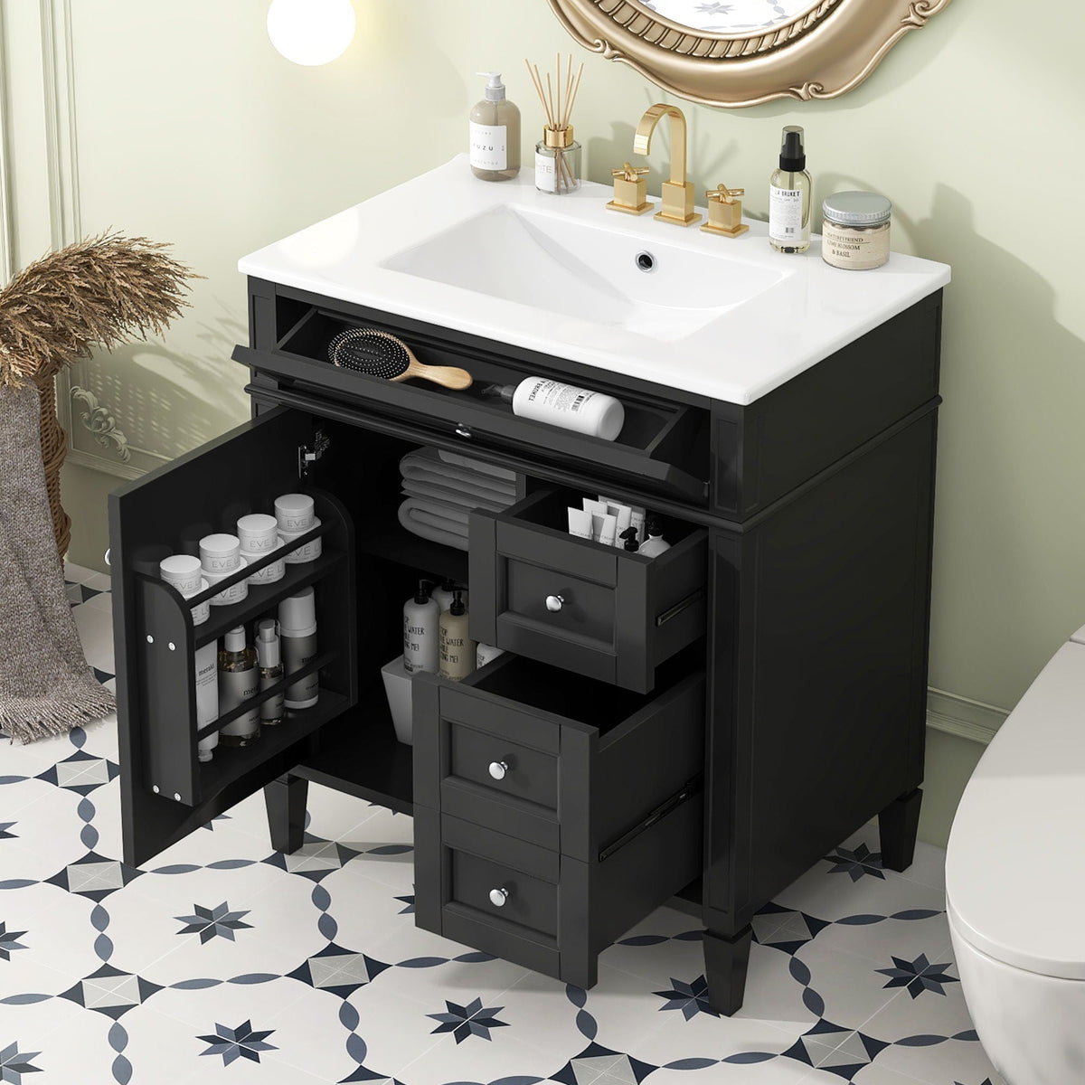 Bathroom Vanity with Ceramic Top Sink and Storage Drawers - Multiple Colors