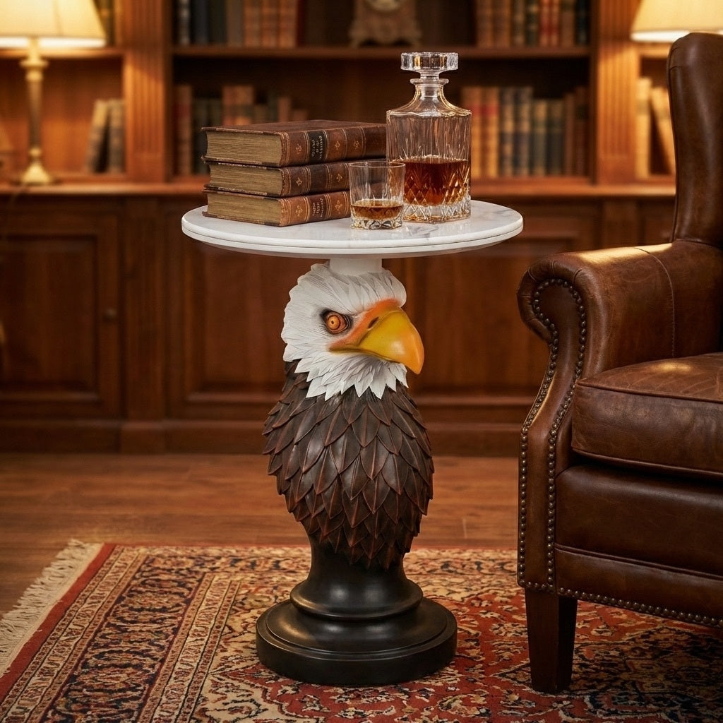 Eagle Head Accent Table with Faux Marble Top - White/Brown