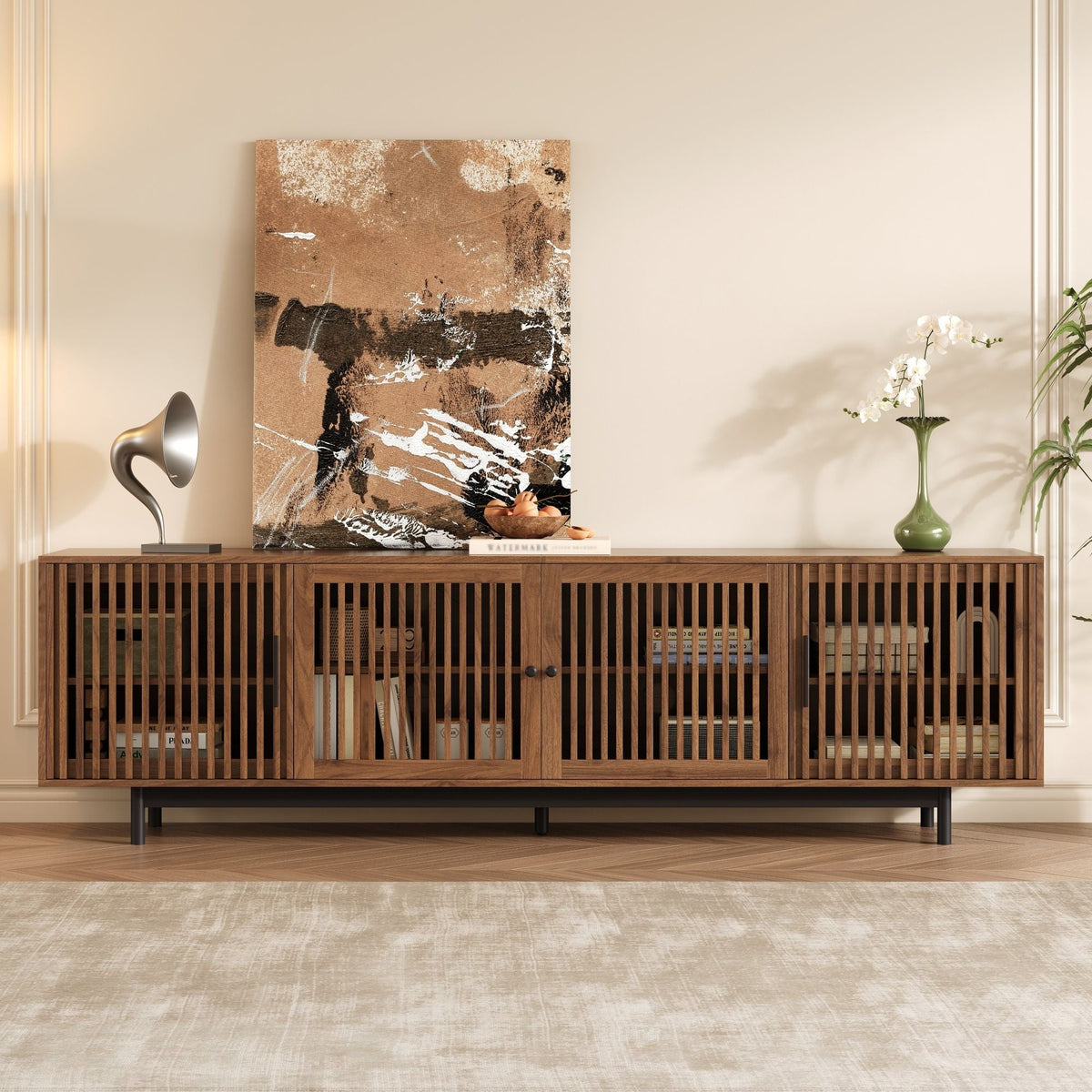 Walnut TV Stand with Closed Storage & Cable Management - Soft-Closing Hinges
