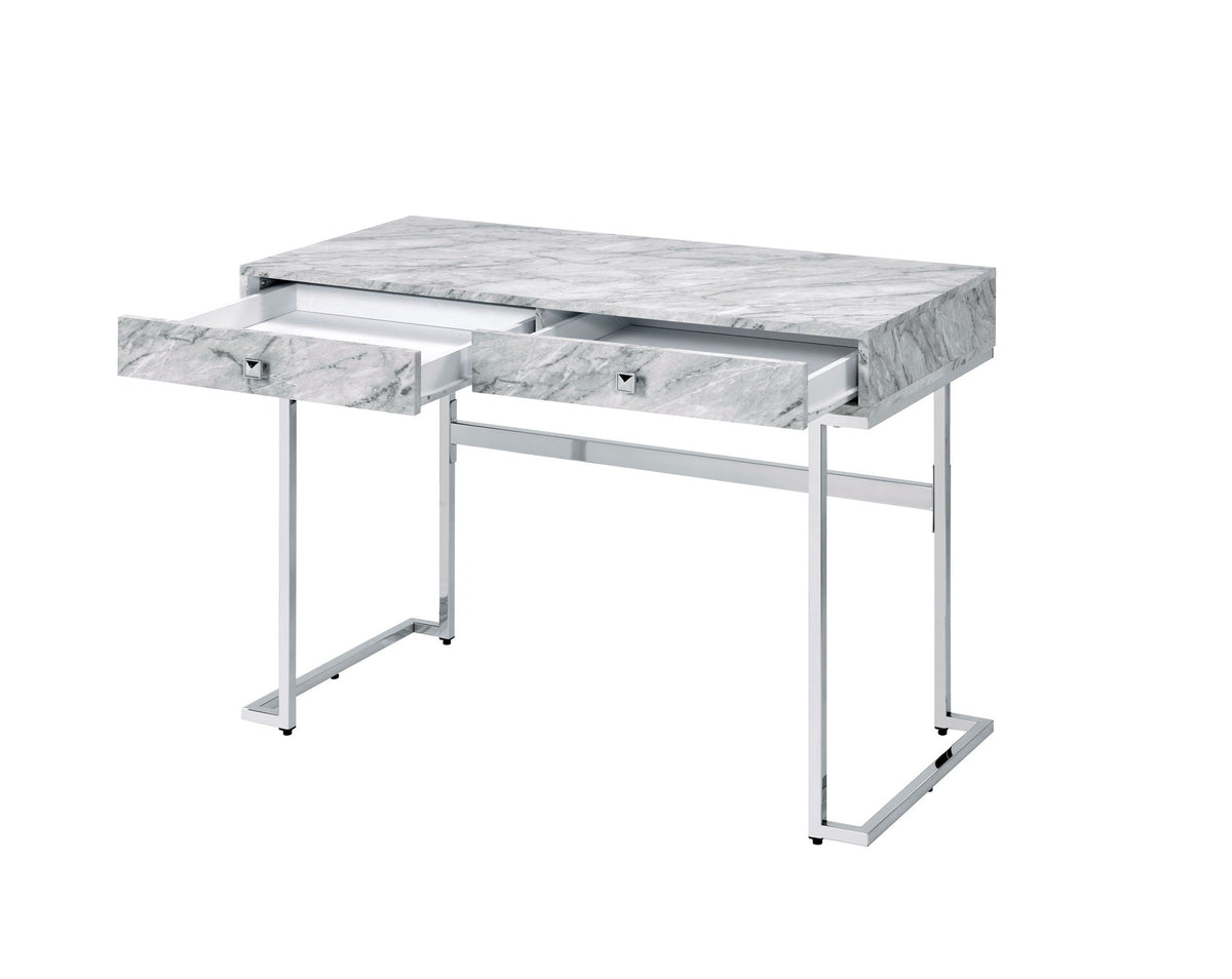 White Faux Marble Writing Desk with Storage Drawers - White