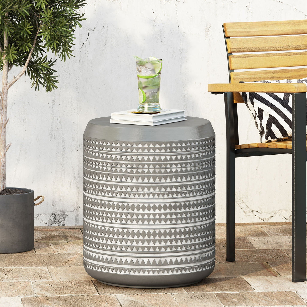 White Outdoor Side Table with Cylindrical Shape - Lightweight Concrete