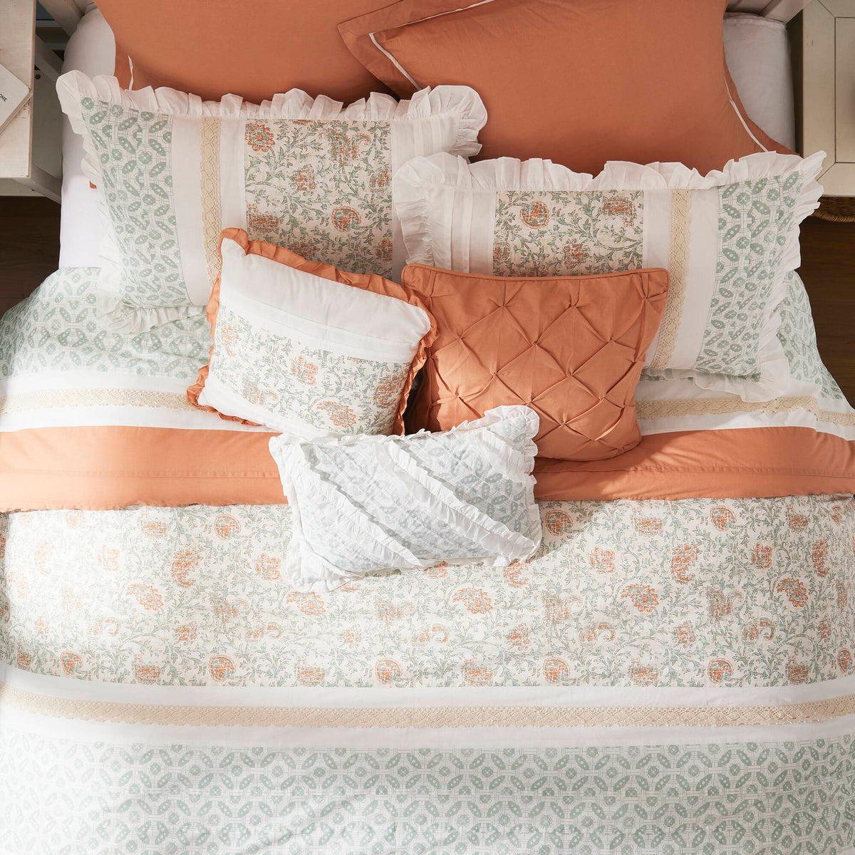 Coral Cotton Percale Comforter Set with Pintucking and Lace Taping - Queen