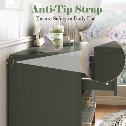 6-Drawer Double Dresser with Solid Wood Legs - Olive