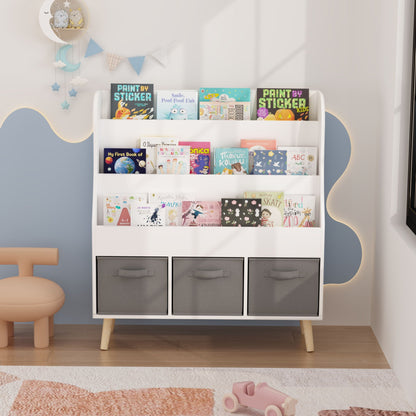 White Bookshelf with 3 Storage Bins - Front Facing Book Display Organizer