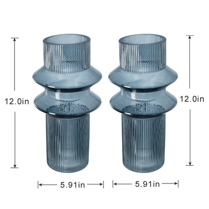 Fluted Accent Vases with Ribbed Design - Clear Blue, Set of 2
