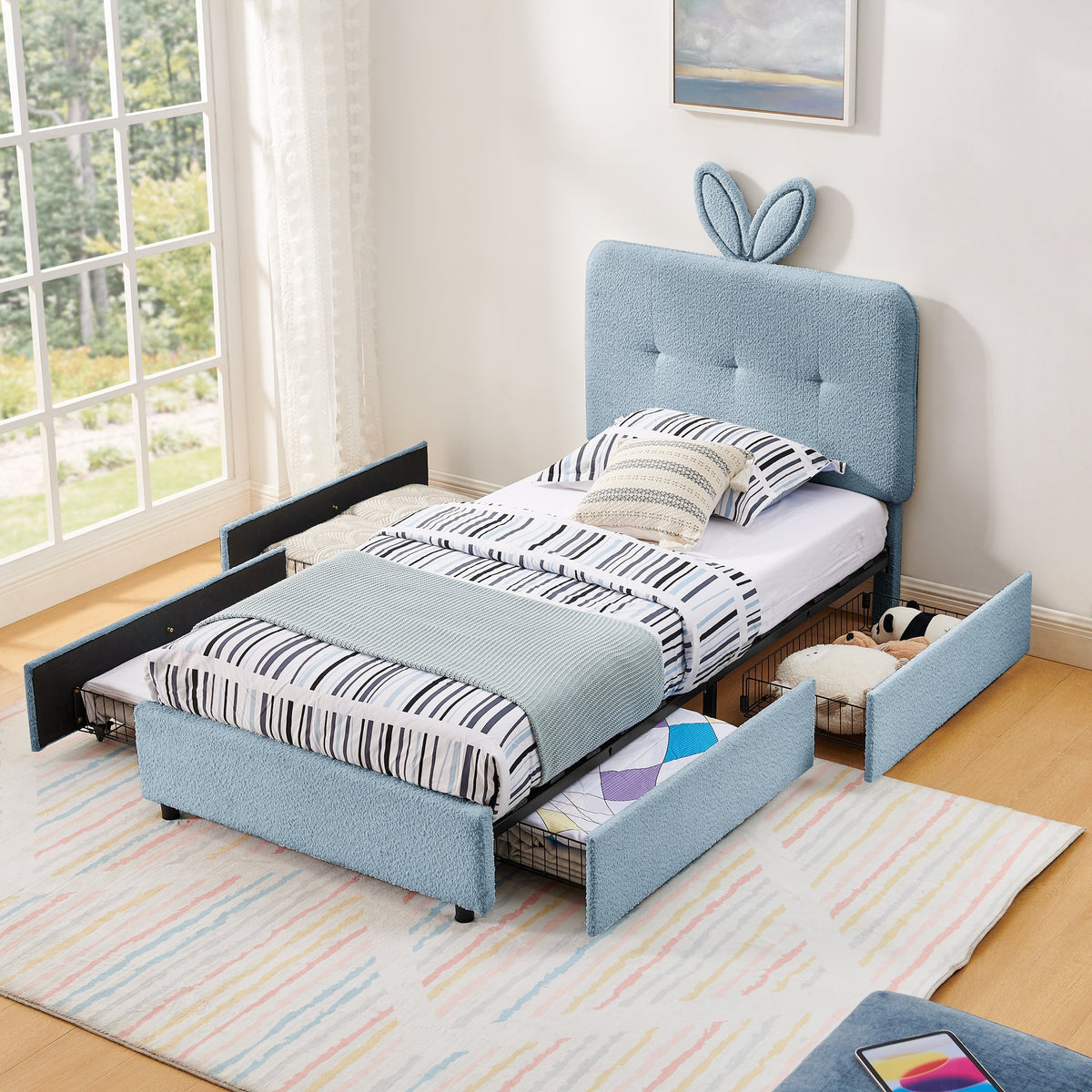 Twin Size Kids Upholstered Bed with Rabbit Ear Headboard & Storage - White Boucle