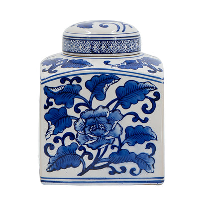 Hand Painted Square Ceramic Canister with Blue Floral Pattern - White & Blue