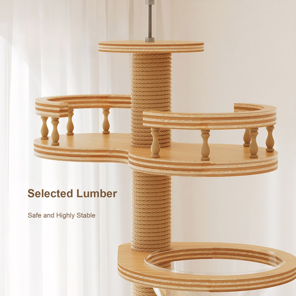Floor to Ceiling Cat Tree with Wood Condo Cave Bed and Hammock - Adjustable Height
