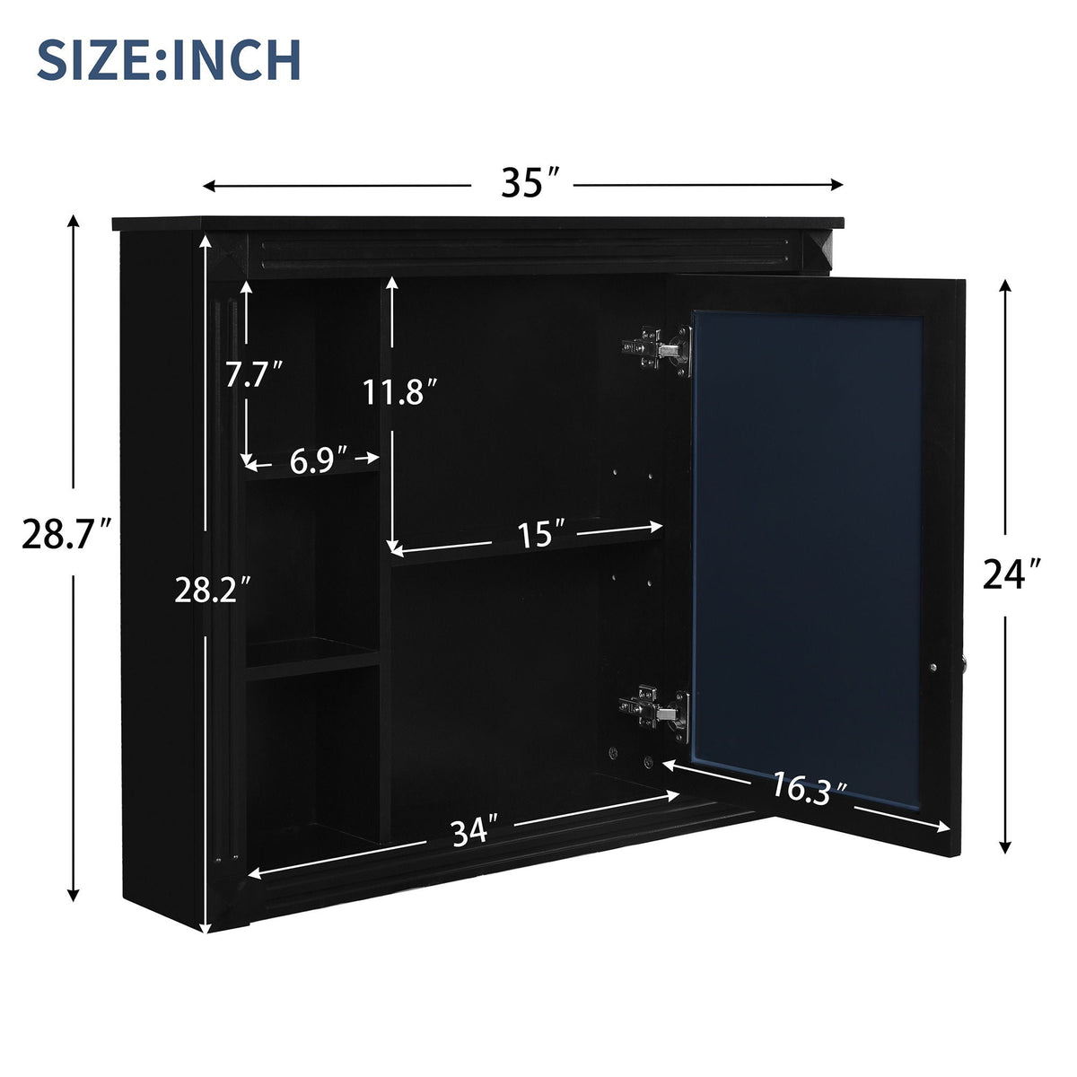 Wall-Mounted Bathroom Storage Cabinet with Mirror and 6 Open Shelves - Black