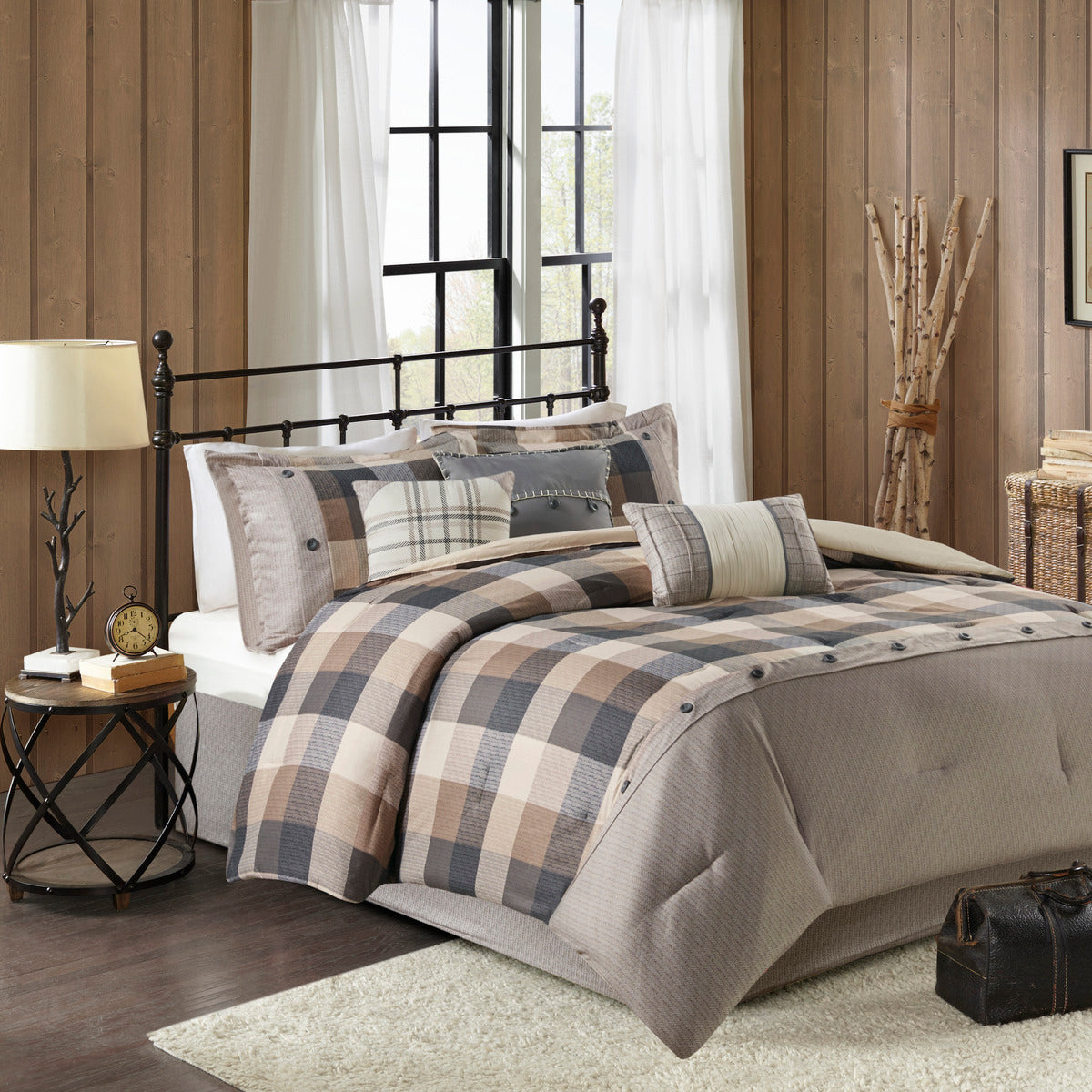 Herringbone Comforter Set with Buffalo Plaid - King, Neutral, 7 Piece