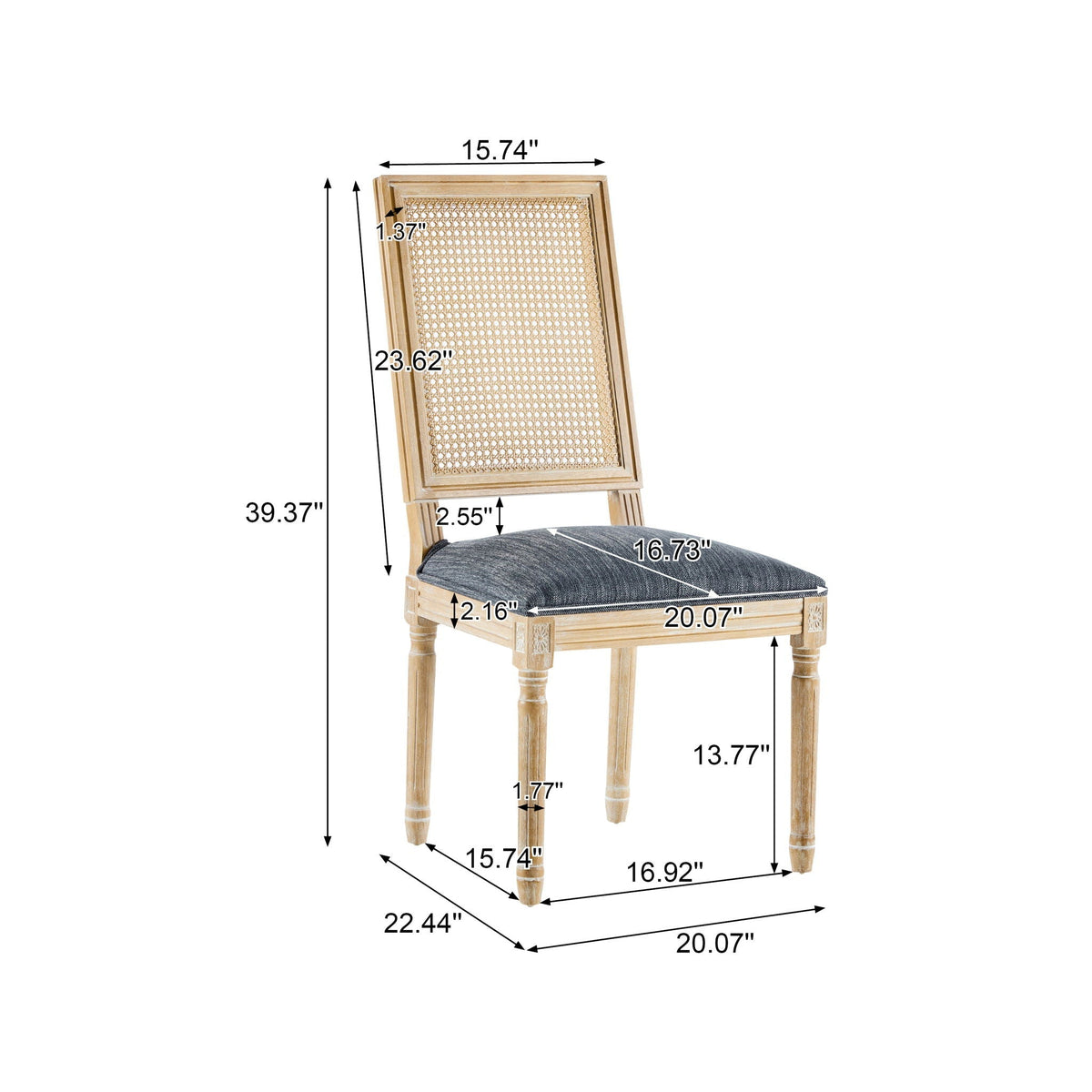 French Country Dining Chair with Rectangular Cane Backrest and Upholstered Seat