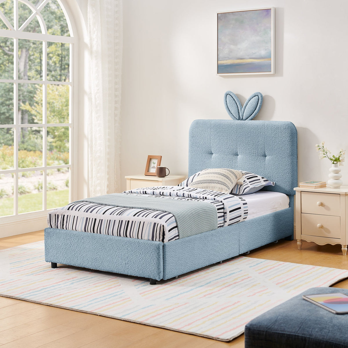 Twin Size Kids Upholstered Bed with Rabbit Ear Headboard & Storage - White Boucle