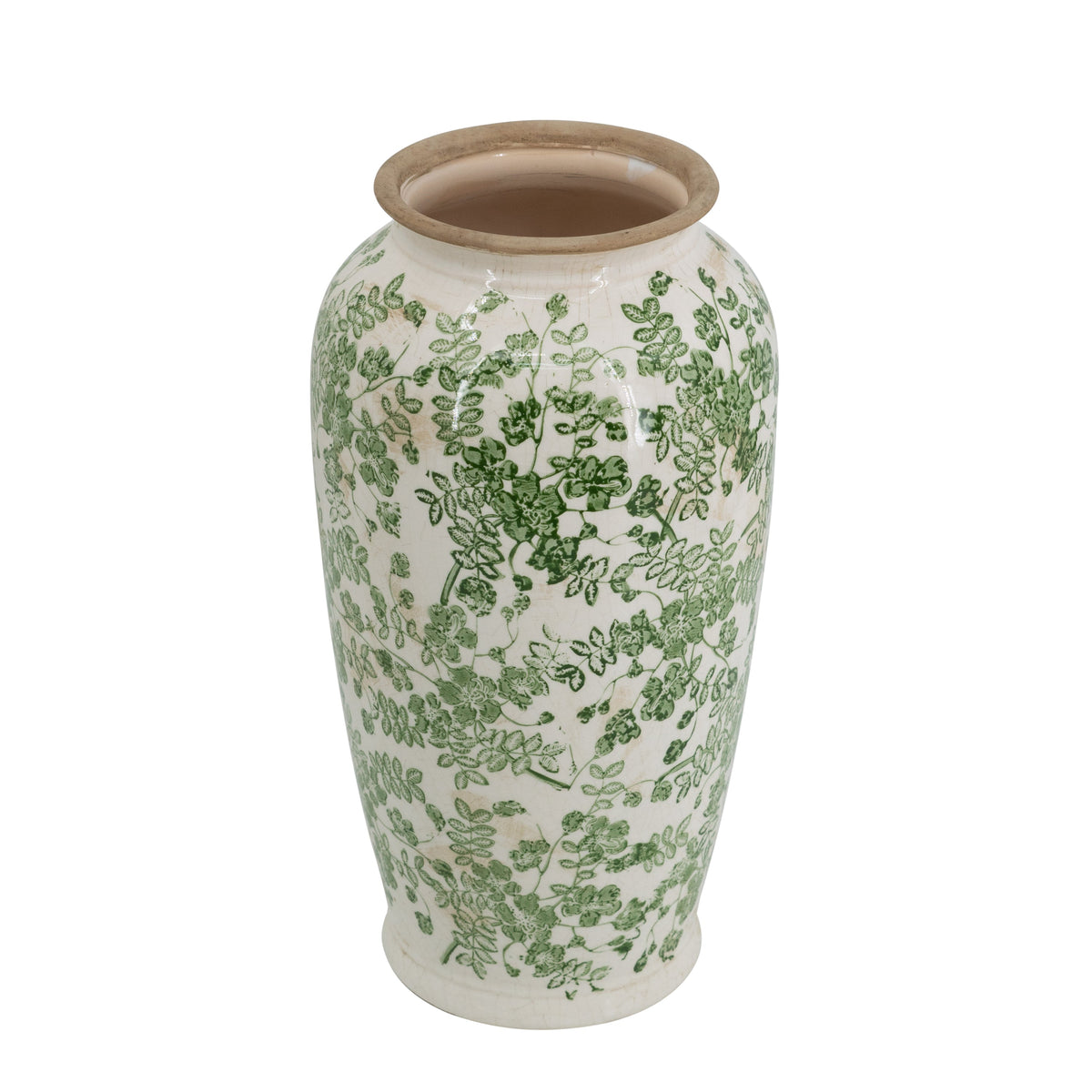 White Ceramic Flower Vase with Green Floral Pattern - 14.6 In