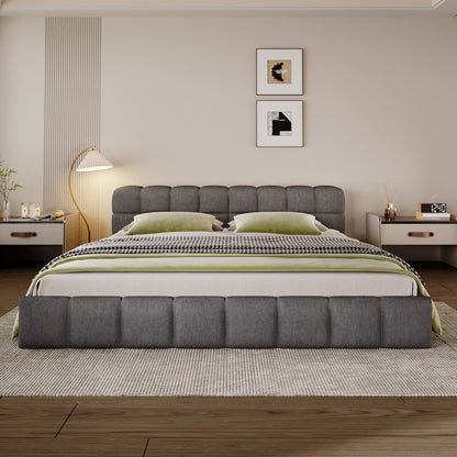 Elegant Upholstered Bed with Checkerboard Headboard - Dark Gray