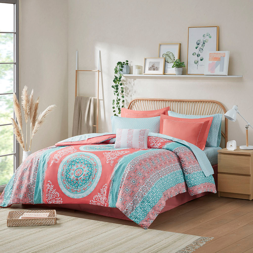 Twin Boho Comforter Set with Bed Sheets with Coral Medallion Print - Coral